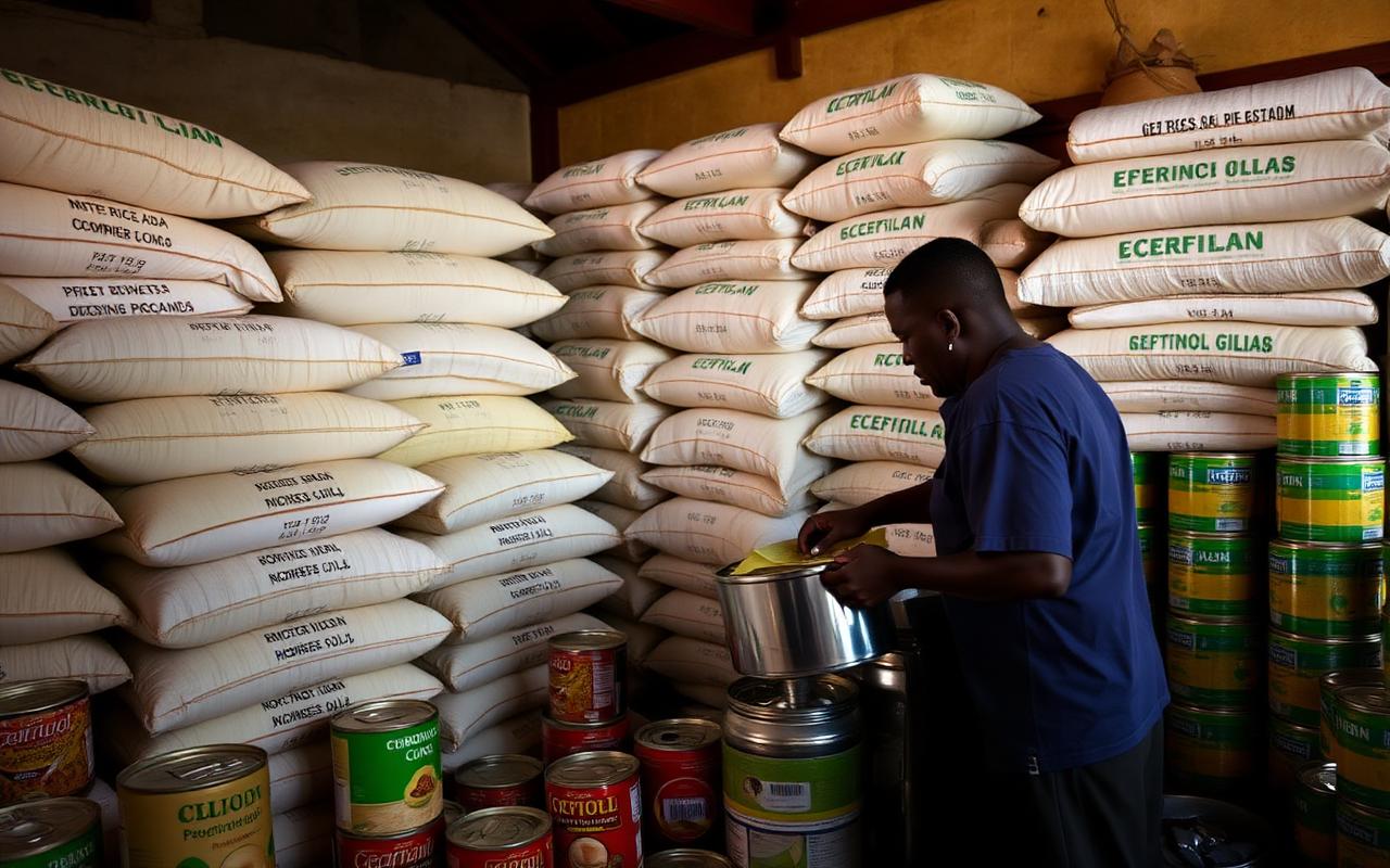 Rice, beans and cooking oil stacked in a school feeding store