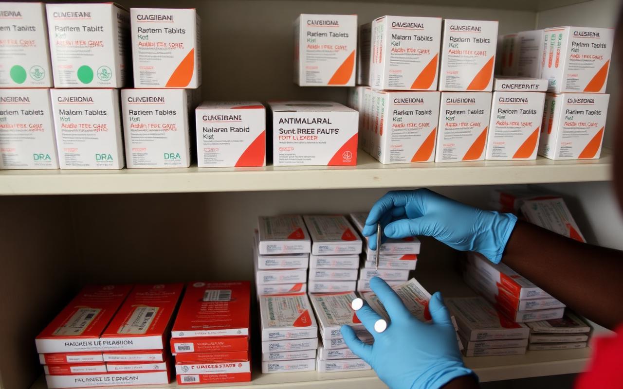 Malaria rapid tests and treatment stock on a clinic pharmacy shelf