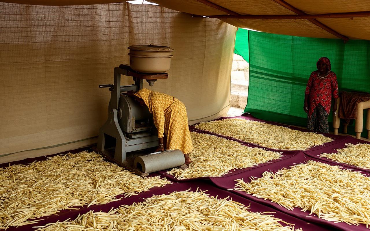 A village rice mill with paddy drying on tarpaulins
