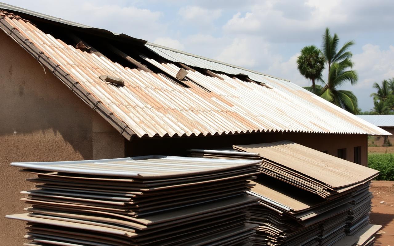 A damaged school roof with new zinc sheets ready for repair