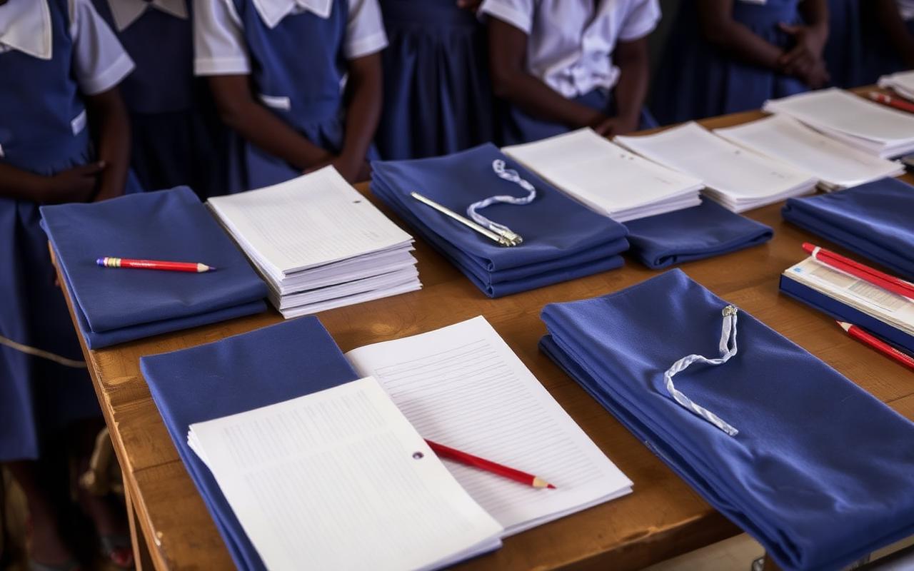 School uniforms, exercise books and pencils prepared for pupils