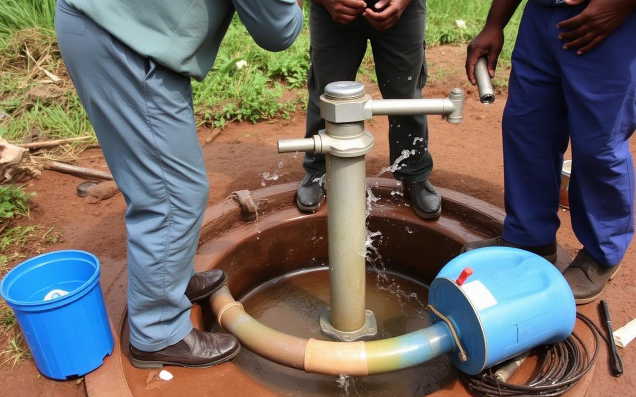A village hand pump being rehabilitated by technicians