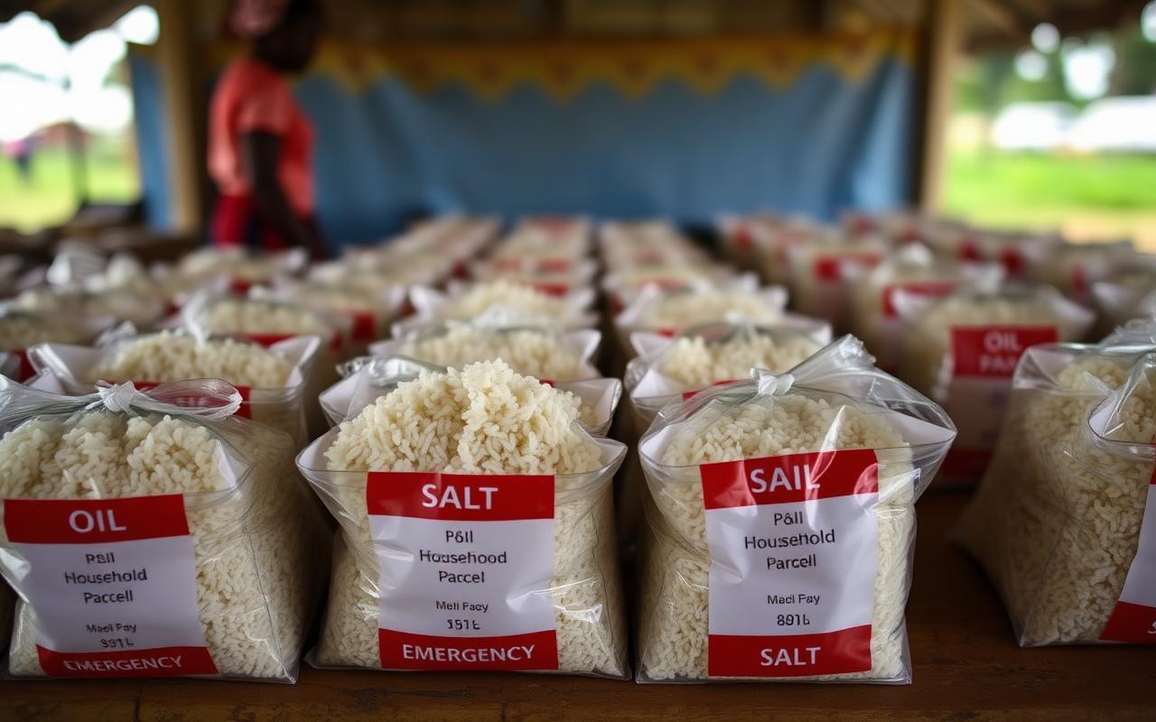 Emergency household food parcels set out at a distribution point