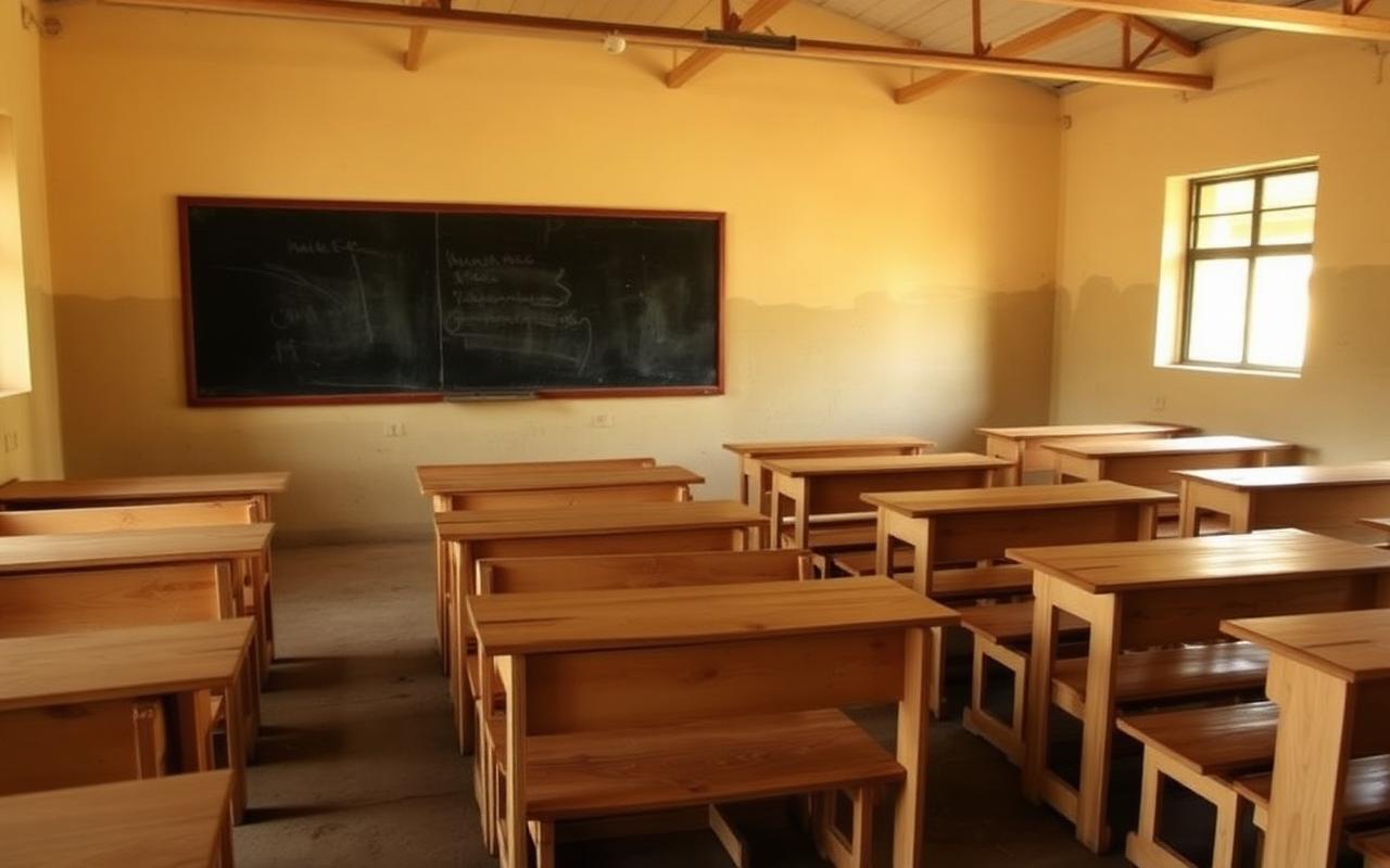 New wooden desks and benches in a classroom