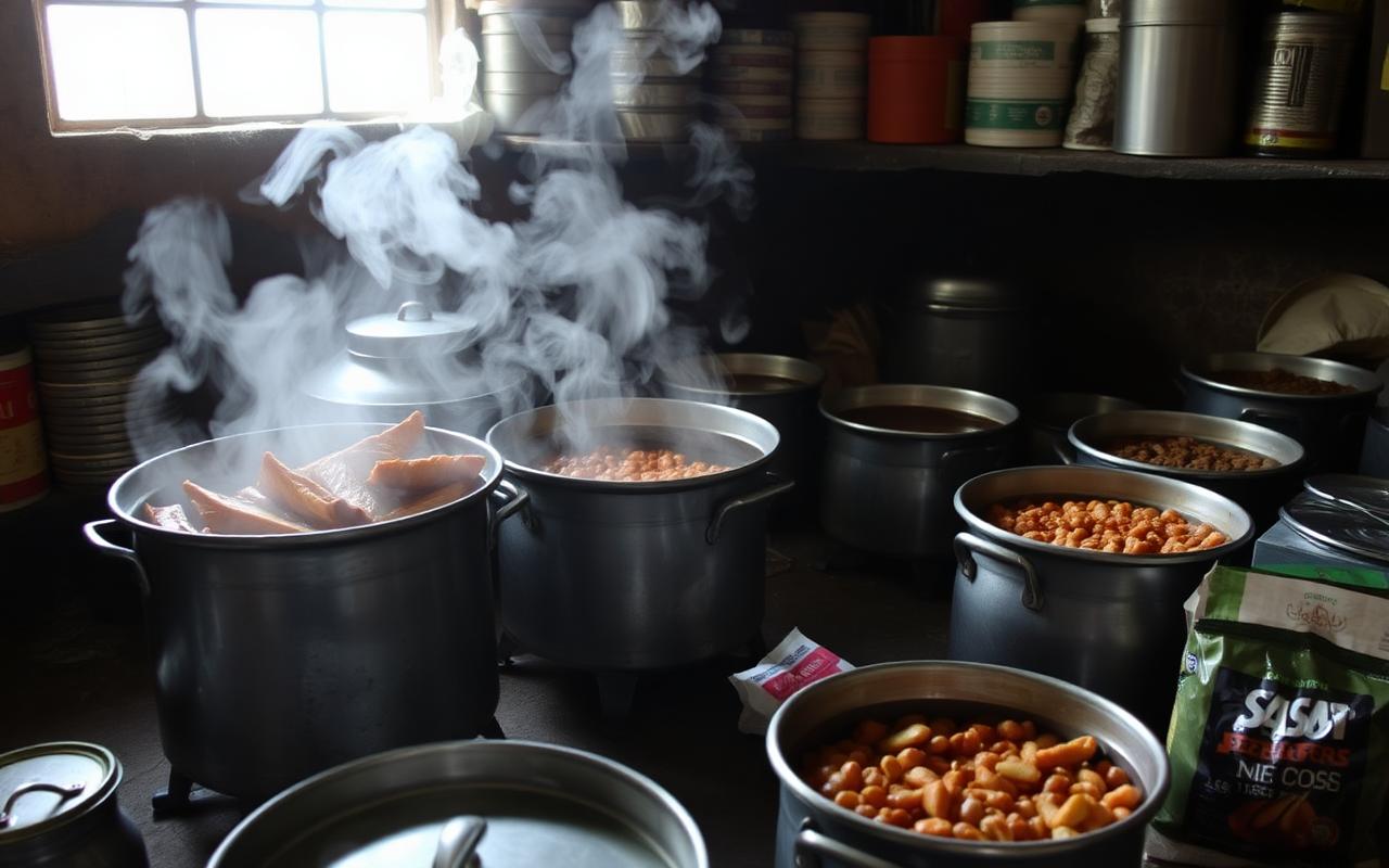 Cooking pots and staples in a children's care centre kitchen