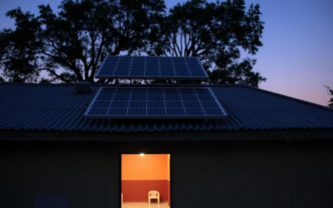 Solar panels powering a lit maternity waiting room at dusk