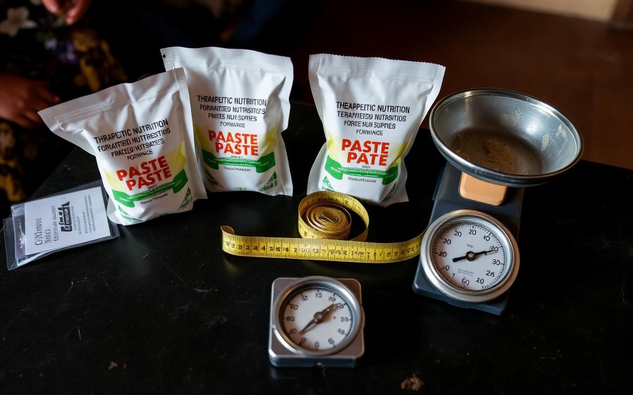 Therapeutic nutrition supplies, scale and measuring tape at a clinic