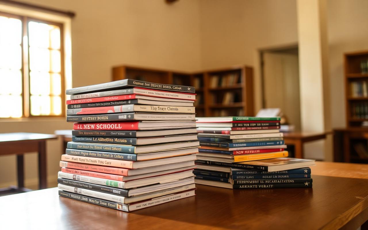 Stacks of new school textbooks in a school library