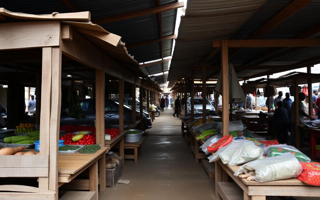 Repaired market stalls with produce laid out for trade