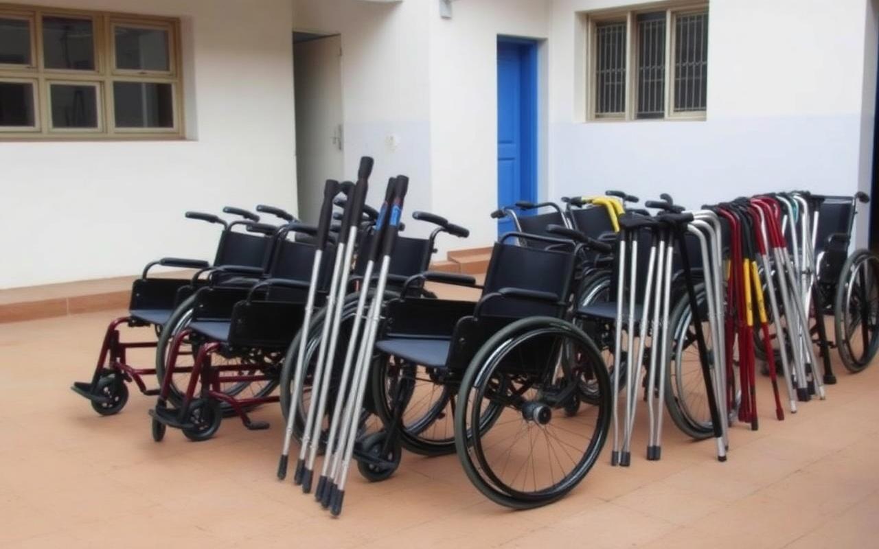 Wheelchairs, crutches and walking frames ready for handover