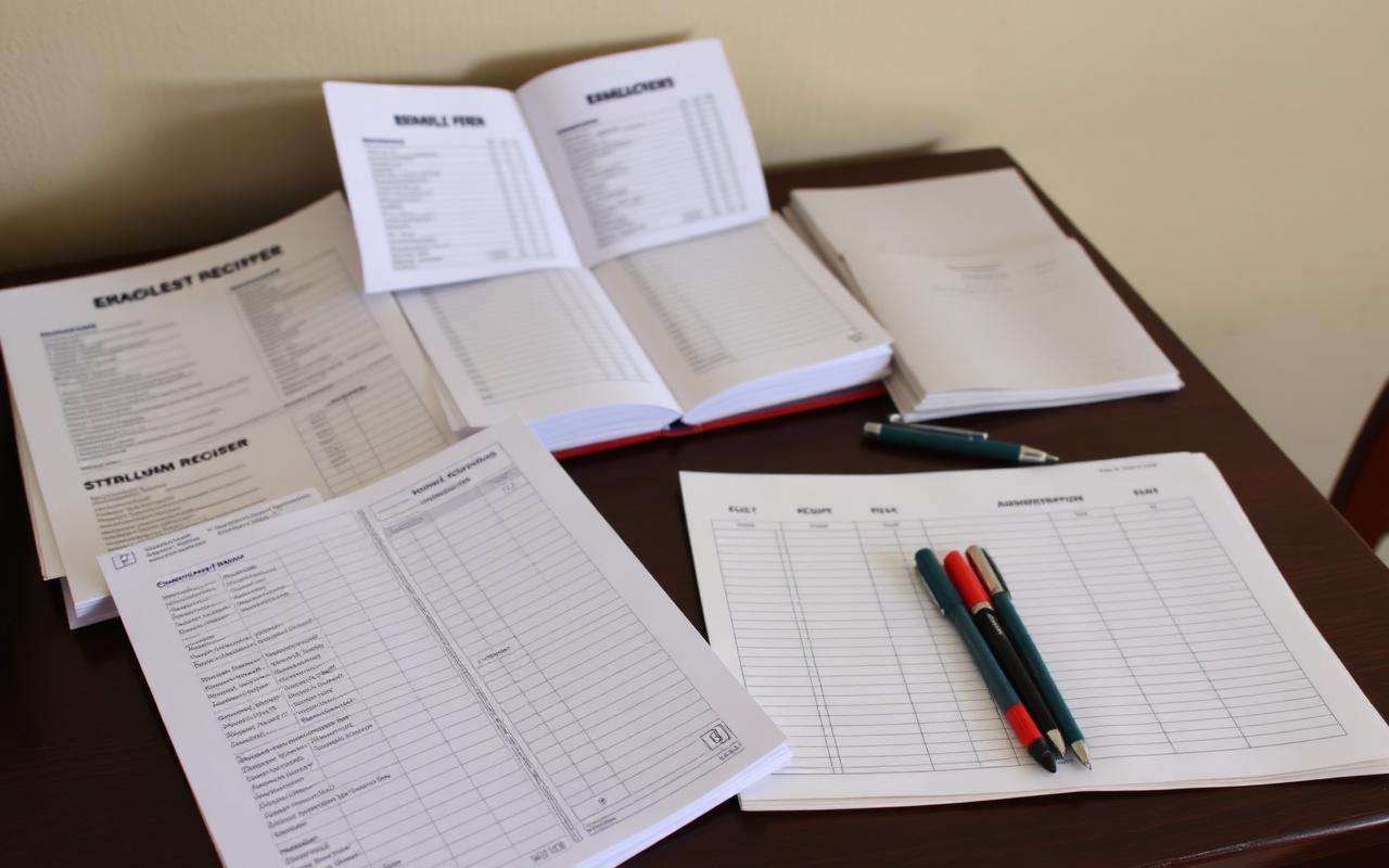 School enrolment registers and fee receipts on an office desk