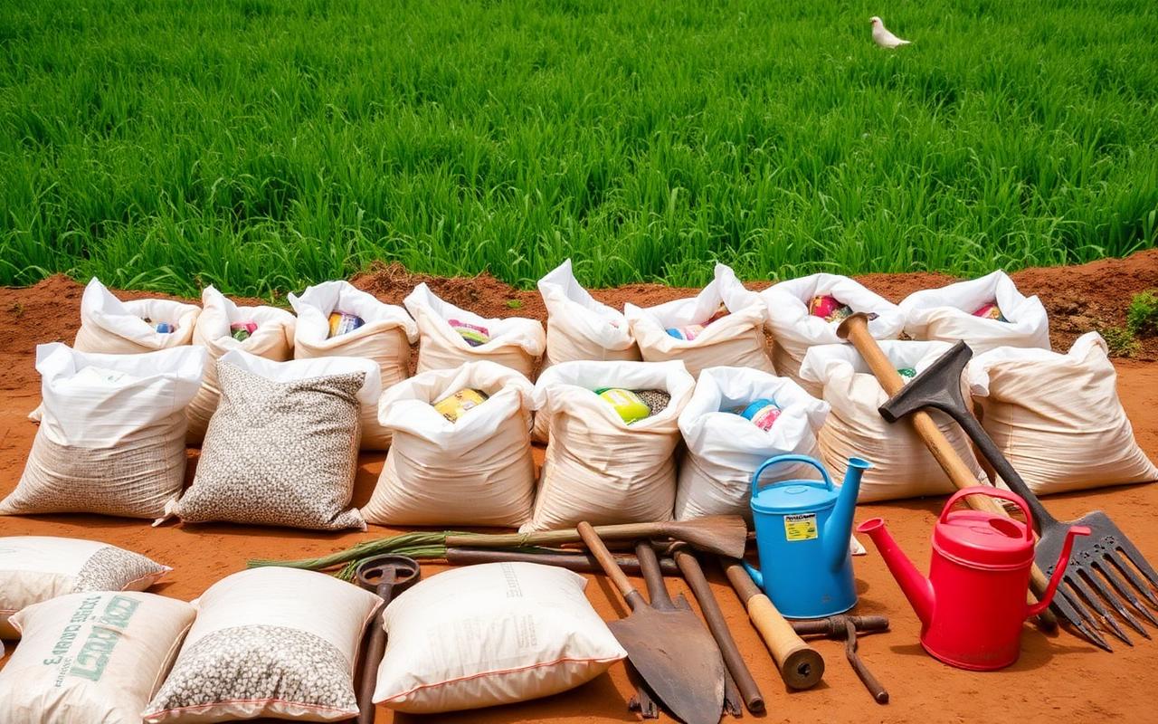 Seed bags, hoes, cutlasses and watering cans for a farming group