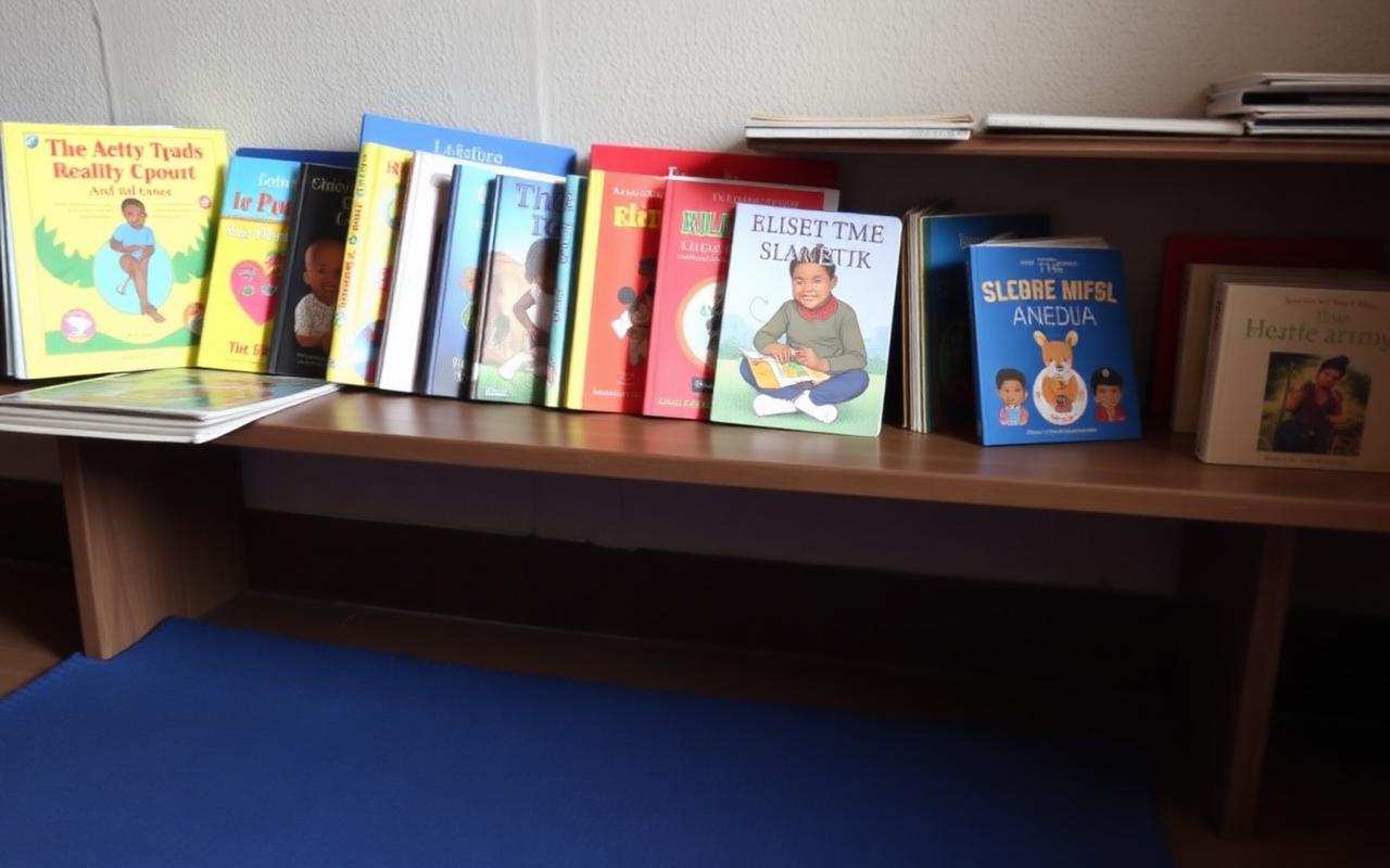 Children's reading books arranged in a school reading corner