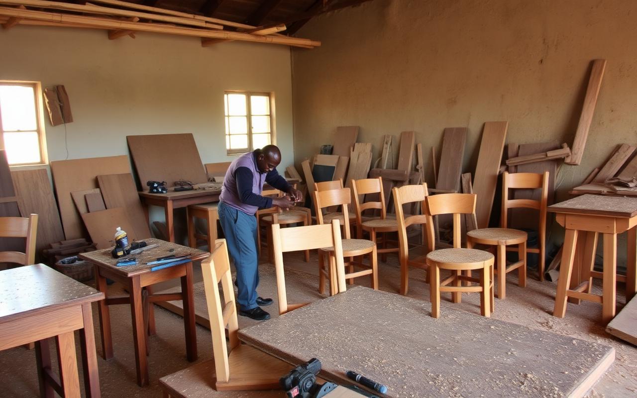 Classroom chairs and tables being made in a carpentry workshop