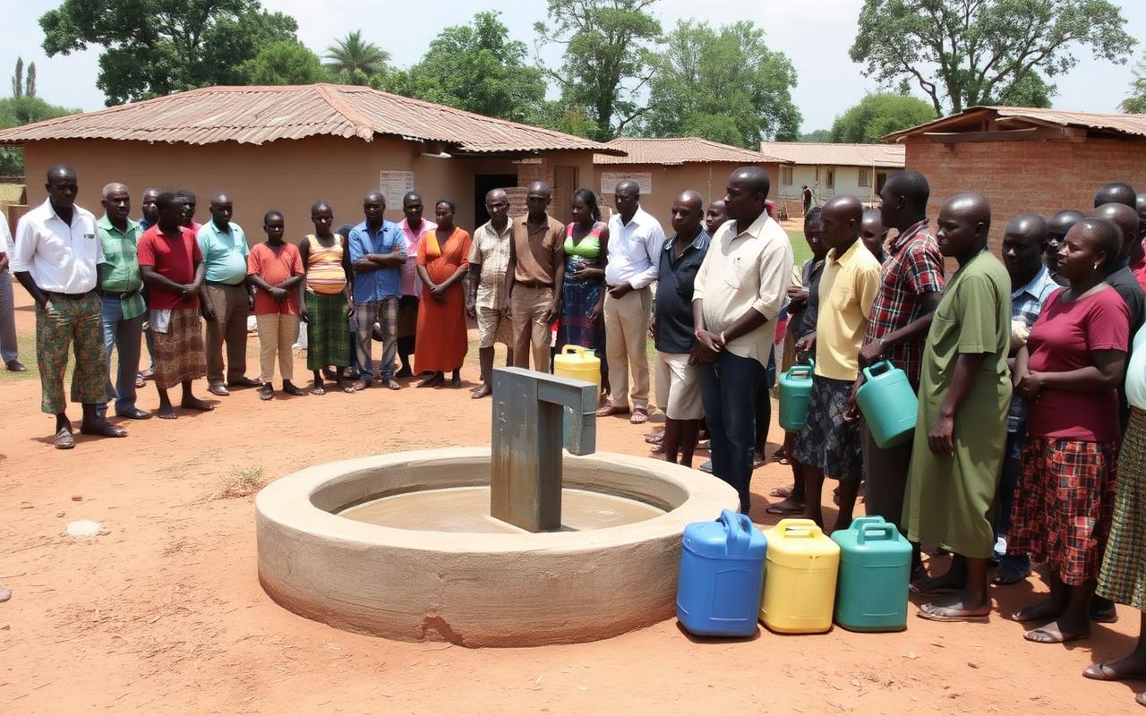 A completed community water point with jerrycans