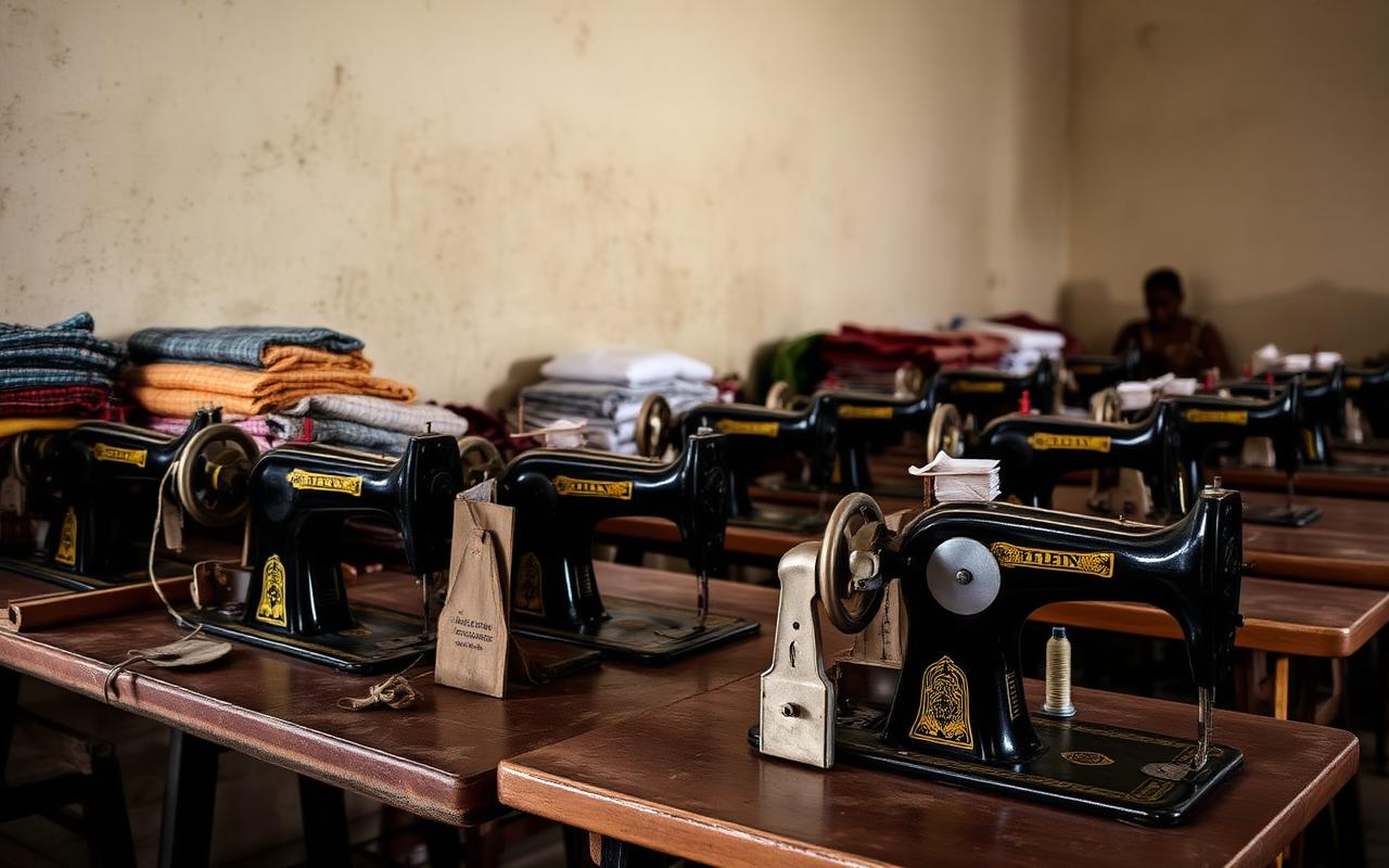 Sewing machines and fabric in a tailoring training room