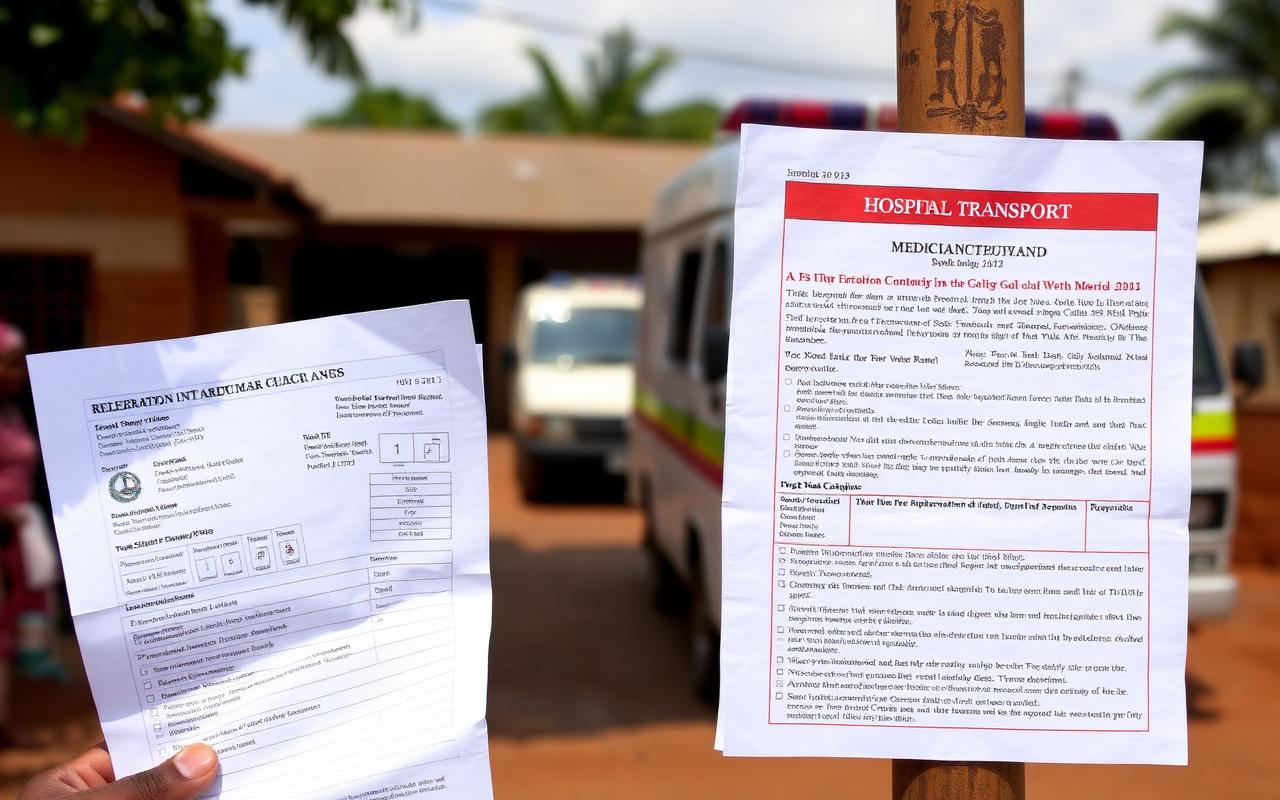 Medical referral paperwork outside a clinic with transport waiting