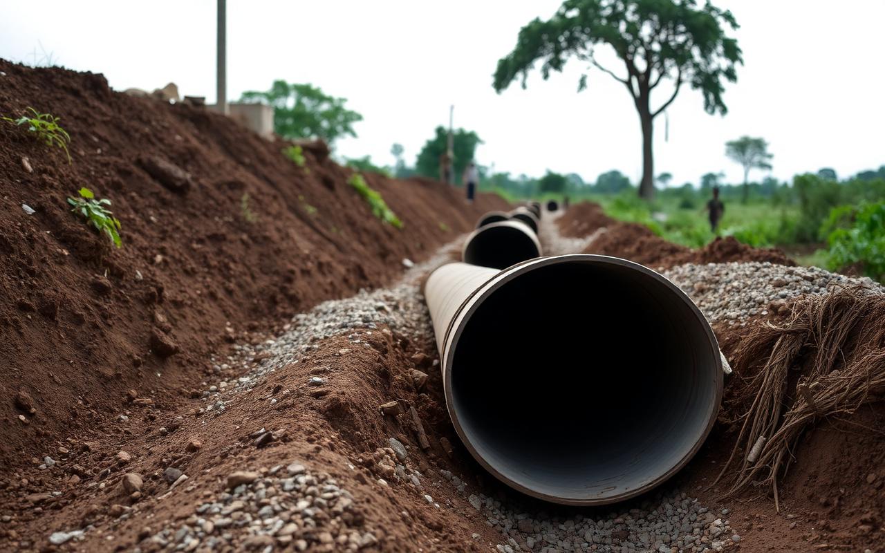 A farm-to-market road under repair with culvert pipes and gravel
